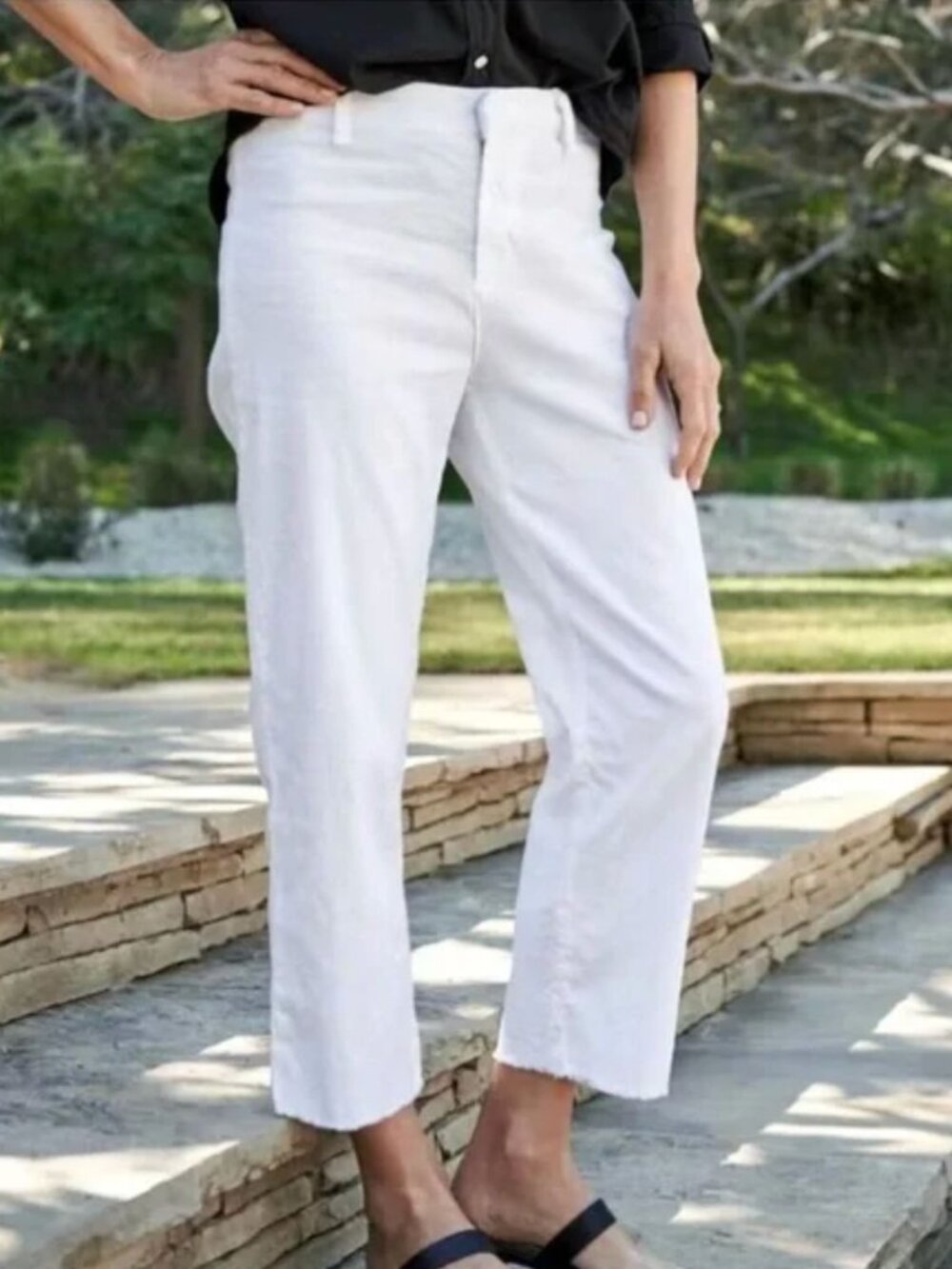 Frank & Eileen White Fray Hem Kinsale Trousers High Rise Cropped Pants 6